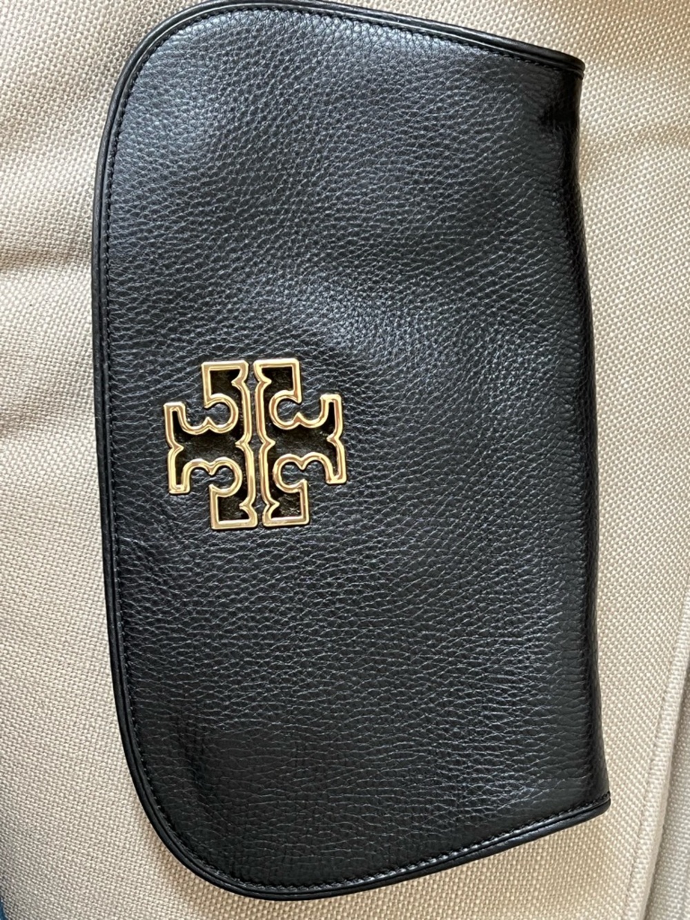 Tory Burch Black Leather Wristlet with Gold Double-T Logo